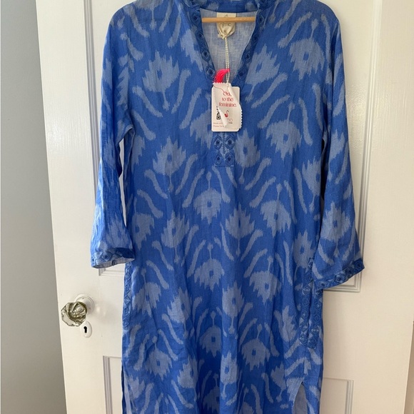 Nemo with Love Sapphire Short Kaftan Dress Ikat Blue $278 NWT Medium Tuckernuck - Picture 4 of 9
